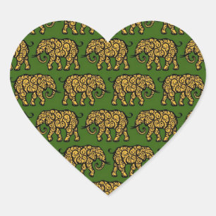 Gelbes und grünes wirbelndes Elefant-Muster Herz-Aufkleber