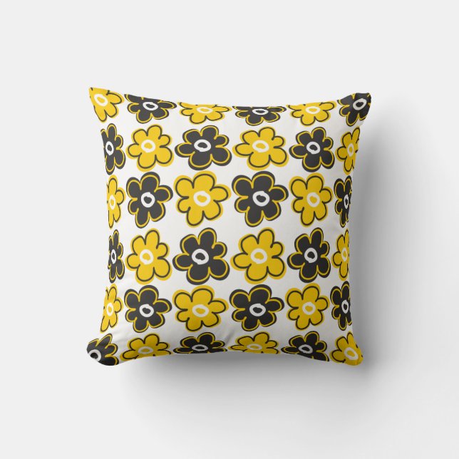 Gelbes und schwarzes Retro Blumen-Muster Kissen (Vorderseite)