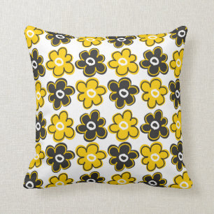 Gelbes und schwarzes Retro Blumen-Muster Kissen