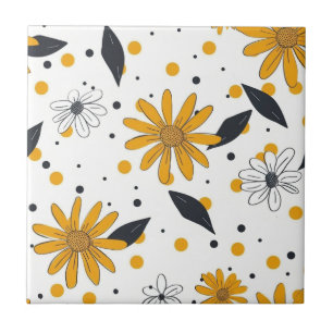 Gelbes und weißes Daisy-Muster mit dunklen Blätter Fliese