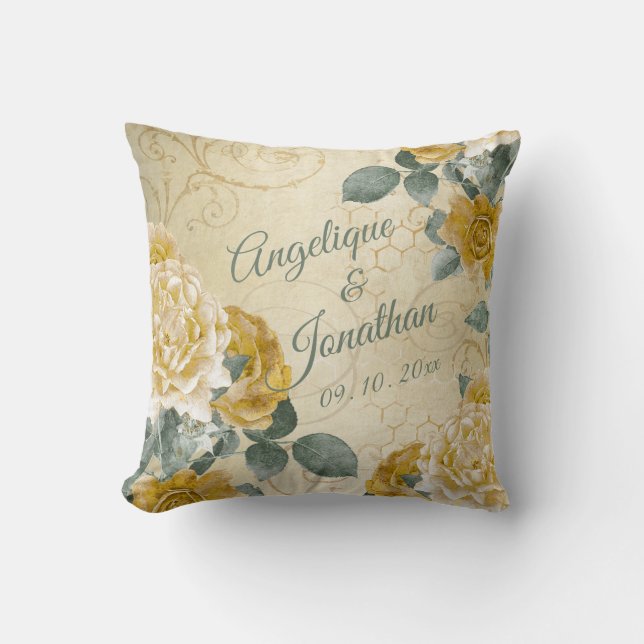 Gelbes Wedding GoldRosen-mit Monogramm mit Kissen (Vorderseite)