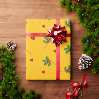 Gelbes Weihnachtsverpackungspapier mit Stechpalmen Geschenkpapier