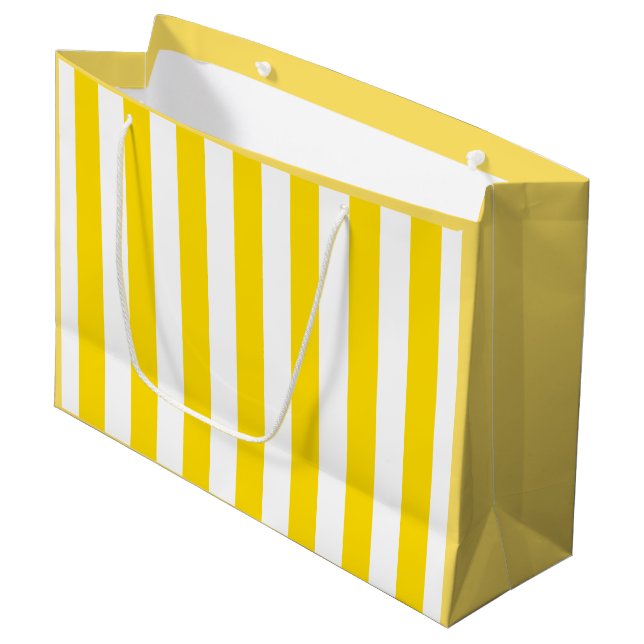 Gelbes Weiß-gestreifte moderne elegante Schablone Große Geschenktüte (Vorderseite Schrägansicht)