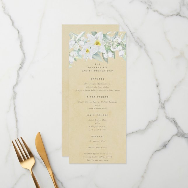 Gelbes weißes Frühling Florals Flat 4 Course Oster Menükarte (Vorderseite/Rückseite Beispiel)