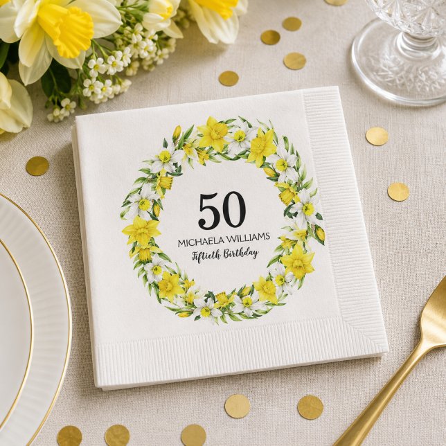 Gelbes weißes Nadelkraut 50. Geburtstag Serviette (Add Name / edit text to personalize as required.  Matching items available)