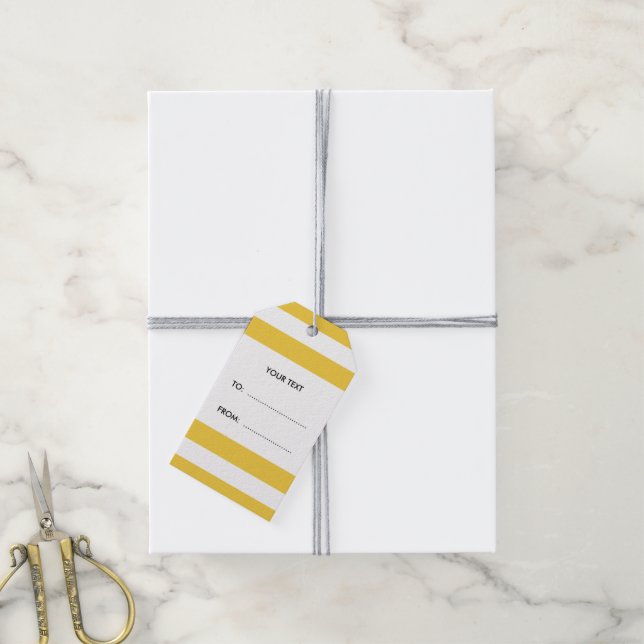 Gelbes weißes Streifen-Muster, Karkohlemonogramm Geschenkanhänger (Mit Garn)