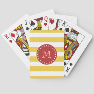 Gelbes weißes Streifen-Muster, rotes Monogramm Spielkarten