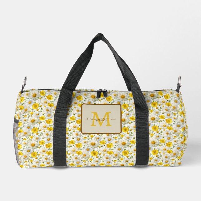 Gelbes Wildblumen-Muster Monogramm Name Duffle Bag (Rückseite)