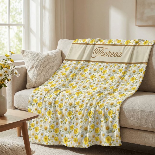 Gelbes Wildblumen-Muster-Monogramm-Name Fleecedecke (Von Creator hochgeladen)