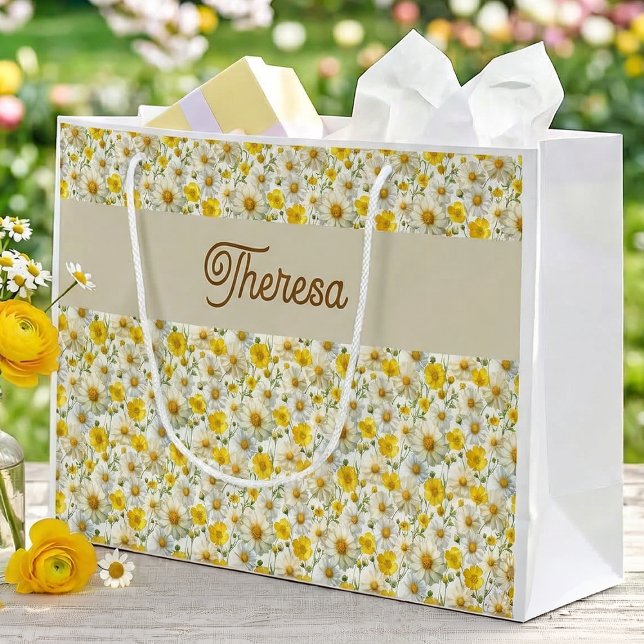 Gelbes Wildblumenmuster Monogramm Name Große Geschenktüte (Von Creator hochgeladen)
