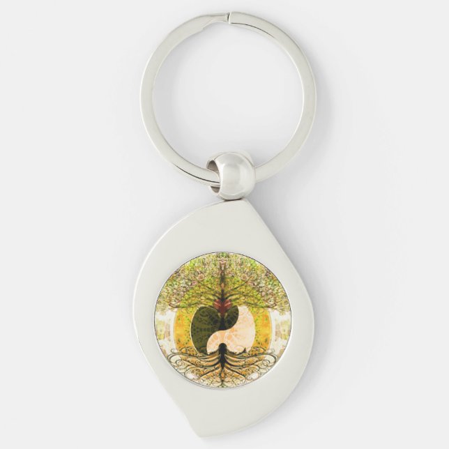Gelbes Yin Yang mit Baum des Lebens Schlüsselanhänger (Vorderseite)