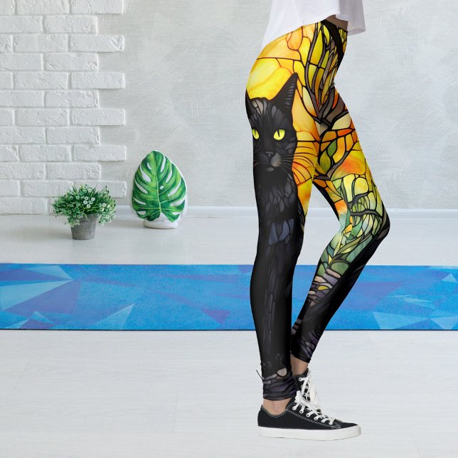 Gelbes Yoga aus schwarzem Kat Leggings (Black Cat Lover Stained Glass Leggings)