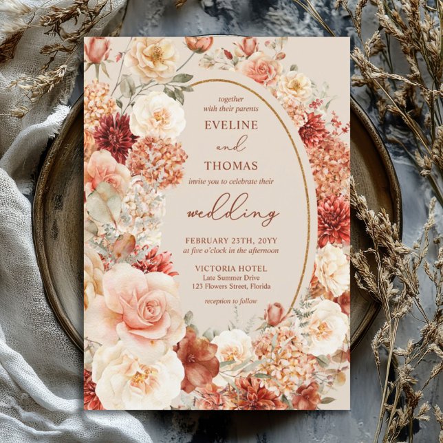 Gelbfärbung Terracotta Rosa Salbei Einladung (watercolor lush bouquet terracotta copper orange flowers gold frame wedding invitation)