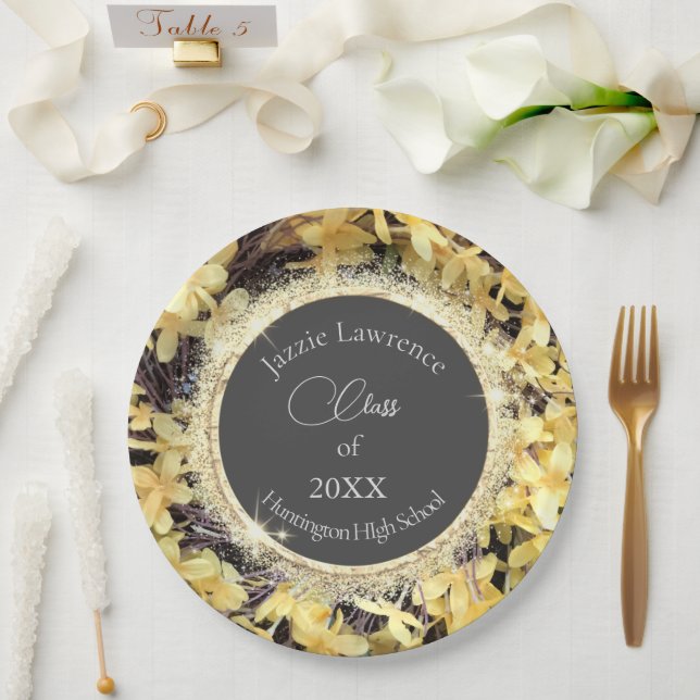Gelbflorenglitterie Abschluss Personalisiert Pappteller (Hochzeit)