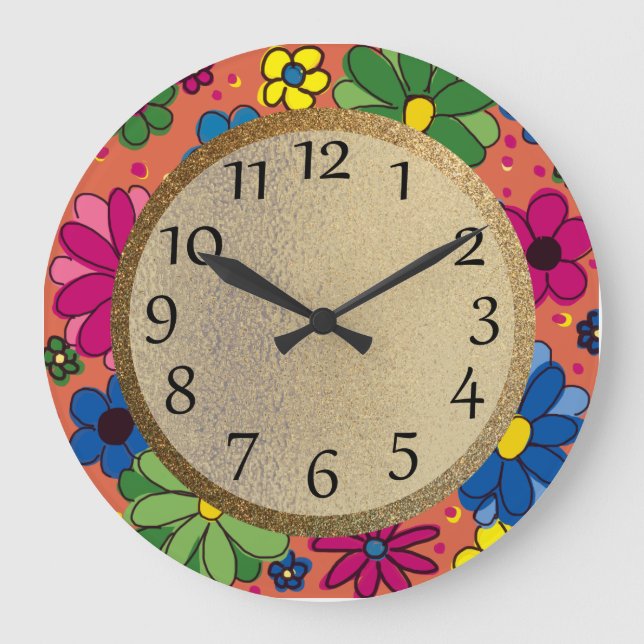 Gelbgelbe PInk handgezogene Blume Orangefarbenes K Große Wanduhr (Vorderseite)