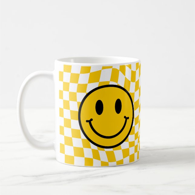 Gelbgelbes, kariertes Lächeln Kaffeetasse (Links)