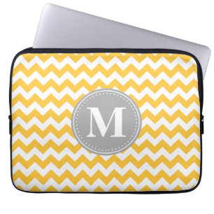 Gelbgelbes Zickzack Muster Grau Monogramm Laptopschutzhülle