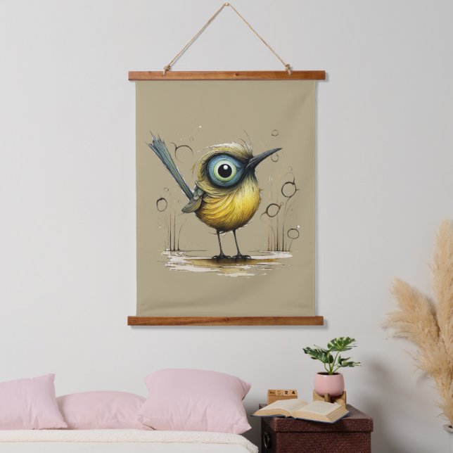 Gelbgrün Blau und Abstrakter schwarzer Mad Bird Wandteppich Mit Holzrahmen (Schlafzimmer)