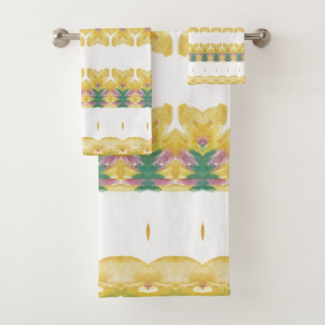 Gelbgrün und rosa Gemustert Badhandtuch Set (Insitu)