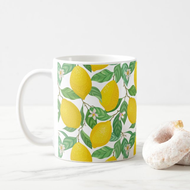 Gelbgrün-weißes Zitronenmuster Kaffeetasse (Mit Donut)