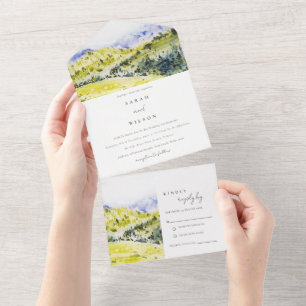 Gelbgrüne Aquarell-Landschaftshügel-Hochzeit All In One Einladung