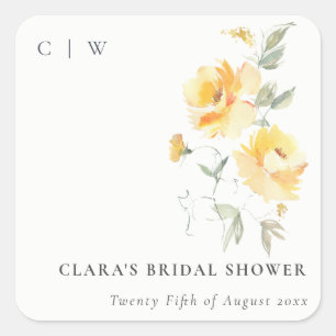 Gelbgrüne Aquarell-Rosen-Blumen-Braut-Dusche Quadratischer Aufkleber