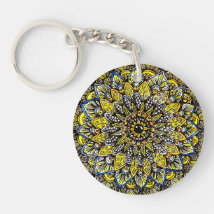 Gelbgrüne handgezeichnete Mandala-Design Schlüsselanhänger