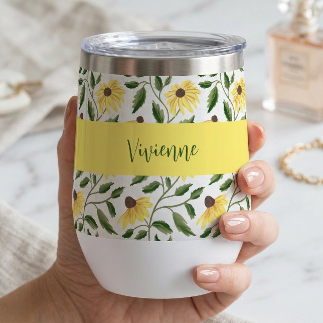 Gelbgrüne Wildblumen-Wasserfarbe-Monogramm-Name (Yellow Green Wildflower Watercolor Monogram Name Thermal Wine Tumbler)