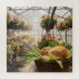 Gelbkatze beim Nickerchen in hängendem Farnkorb