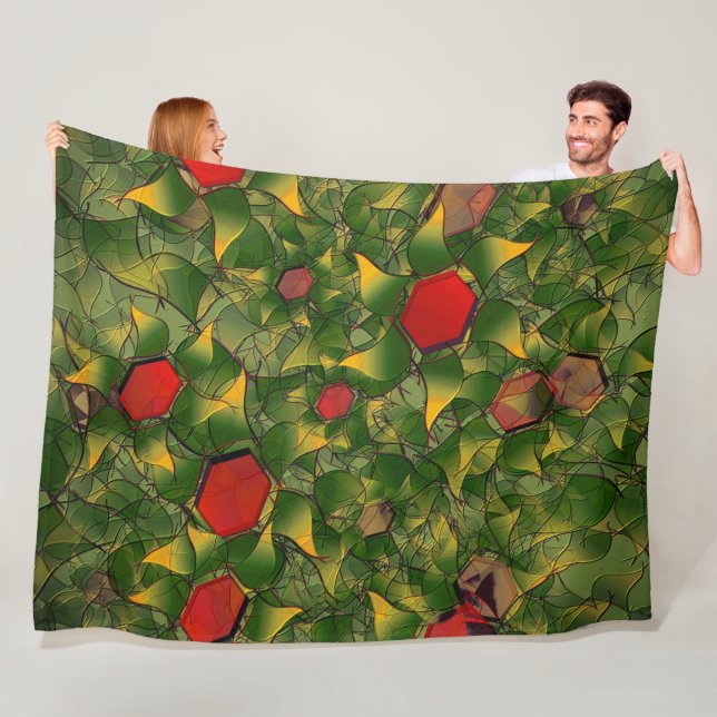 Gelbliches virtuelles Blattwerk mit roten Hexagone Fleecedecke (Beispiel)