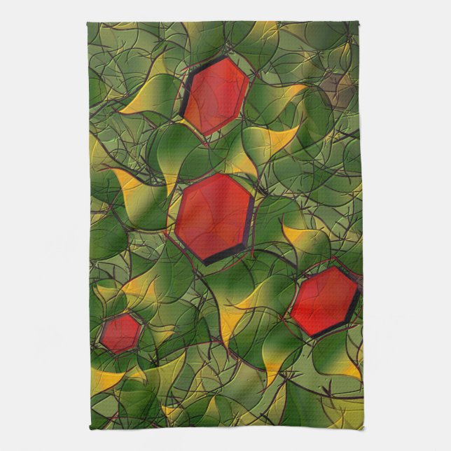 Gelbliches virtuelles Blattwerk mit roten Hexagone Geschirrtuch (Vertikal)