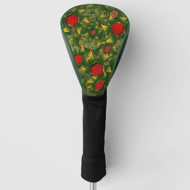 Gelbliches virtuelles Blattwerk mit roten Hexagone Golf Headcover (Vorderseite)
