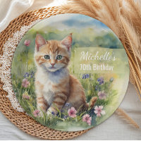 Gelborange getigerte Kätzchen-Katze 70. Geburtstag