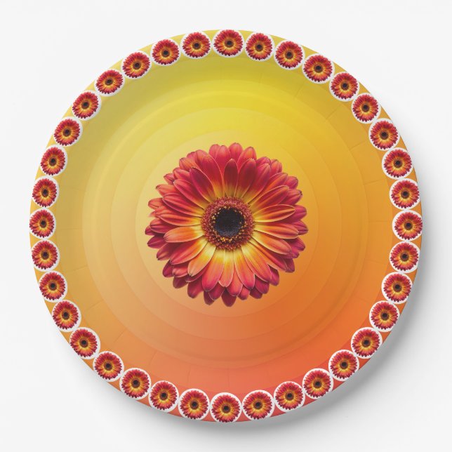 Gelborange Gradient Rote Gerbera-Halbmuster Pappteller (Vorderseite)
