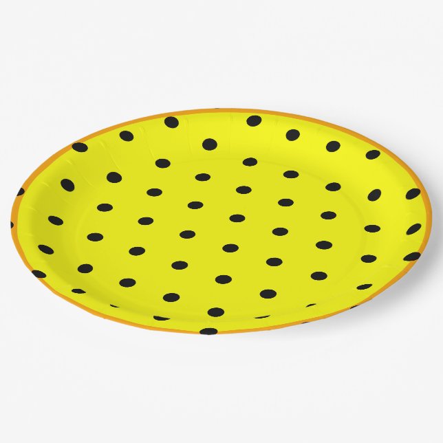 Gelborange schwarze Polka-Punkte Pappteller (Schrägansicht)