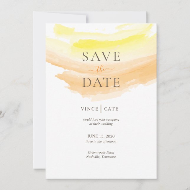 Gelborange Wasserfarbe Save The Date (Vorderseite)