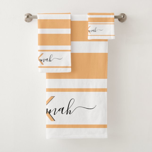 Gelborange weiße Streifen, Monogramm Badhandtuch Set (Insitu)