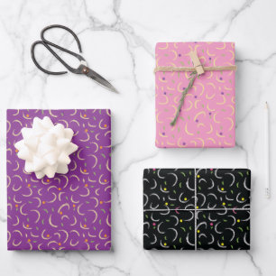 Gelbrosa Lila Schwarzer Swirbel Fett Stroke Muster Geschenkpapier Set