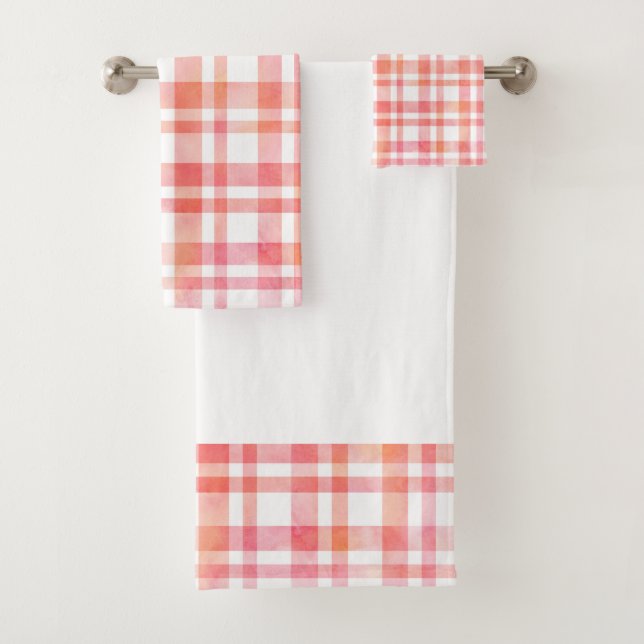 Gelbrosa Orangefarbene Farbe Kariert Badhandtuch Set (Insitu)