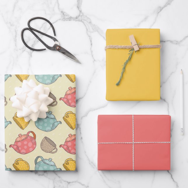 Gelbrosa Teekanne und Pokalmuster Geschenkpapier Set (Vorderseite)