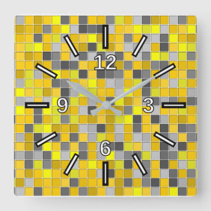 Gelbs und Grau deckten Quadrat-Muster mit Ziegeln Quadratische Wanduhr