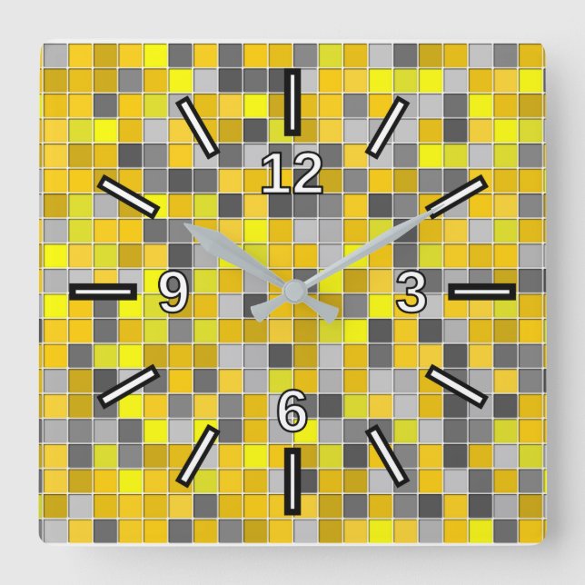 Gelbs und Grau deckten Quadrat-Muster mit Ziegeln Quadratische Wanduhr (Vorderseite)