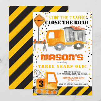 Gelbschwarzer Baubereich Dump Truck Party Einladung