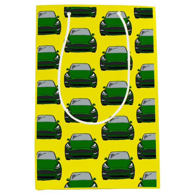 Gelbter Hintergrund des SUV-Fahrzeugs mit grünem E Mittlere Geschenktüte (Vorderseite)