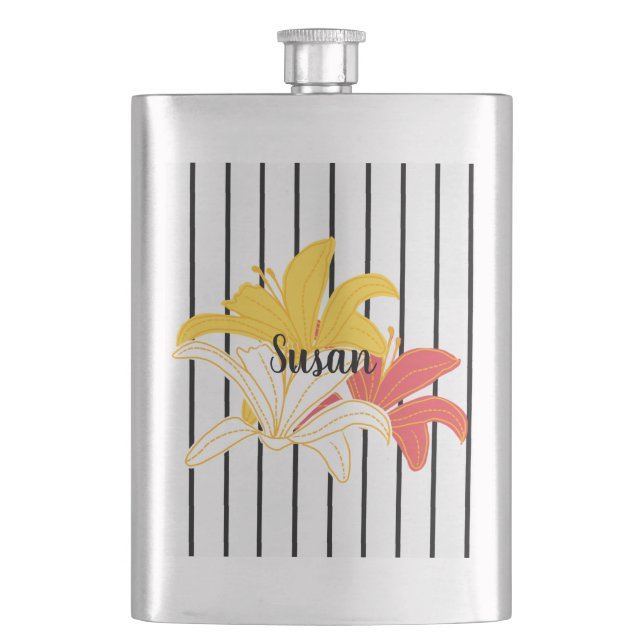 Gelbweiße Blume auf schwarzen Streifen Flasche Flachmann (Vorderseite)