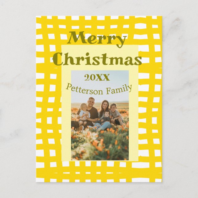 Gelbweiße karierte Retro Weihnachtsfamilie Postkarte (Vorderseite)