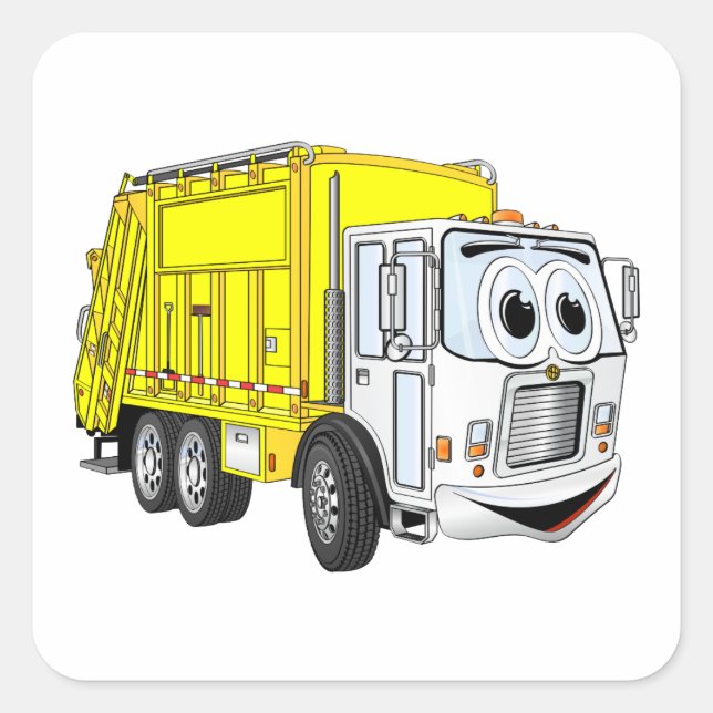 Gelbweiße Müllwagen Cartoon Quadratischer Aufkleber (Vorderseite)