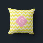 Gelbweißes Zickzack rosafarbenes Quatrefolionmonog Kissen<br><div class="desc">Helles Gelb und Weiß Zickzack ZigZag Muster, rosafarbenes Quatrefolienetikett Monogram Ein stilvolles, modernes, schicke Zickzack Zickzackmuster in hellgelb und weiß. Pink quatrefoil Label mit Monogramm, Name oder anderem Text anpassen. (Klicken Sie auf "Anpassen", um die Schriftart-Größen, -Farben usw. anzupassen.) Wenn Sie dieses Design / Label in anderen Farben möchten, senden...</div>