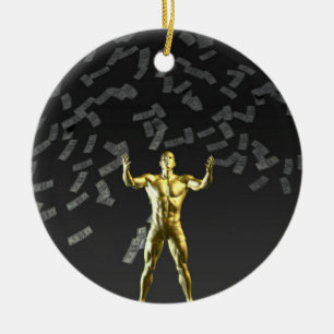 Geld, das vom Himmel mit Mann unten fällt Keramikornament