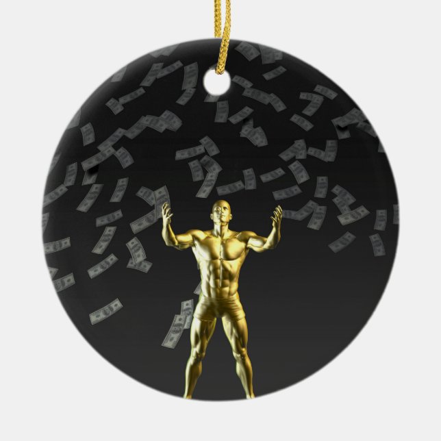 Geld, das vom Himmel mit Mann unten fällt Keramikornament (Vorne)